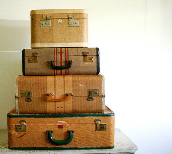 Vintage Striped Tweed Suitcase with Rawhide Trim by RobertaGrove
