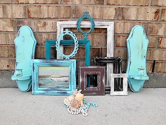 vintage upcycled beachy worn turquoise home decor picture frame wall sconce collection - Turquoise Home Decor vintage upcycled beachy worn turquoise home decor picture frame wall sconce collection - Turquoise Home Decor