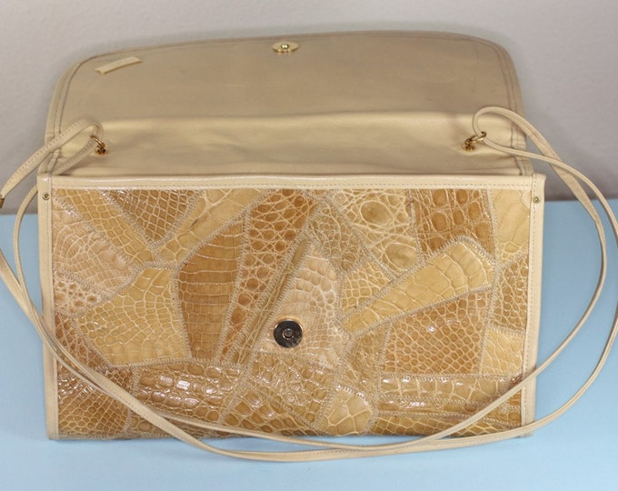 Snakeskin Purse Golden Brown Tans Patchwork Reptile Clutch Designer Varon Vintage