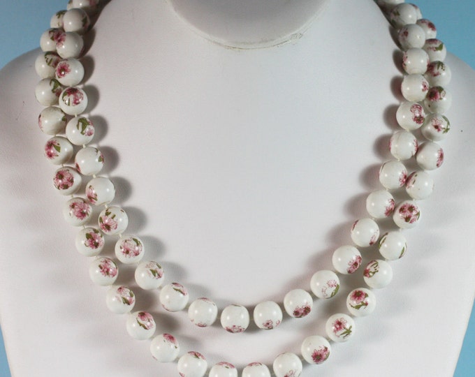 Pink Flowers White Beads Necklace Extra Long 42 Inches Flapper Length Vintage