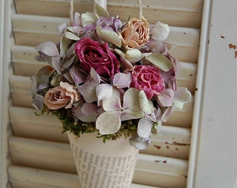 Dried Flower Arrangement / Vintage French Book Page Cone / Shabby Cottage / Dried Roses / Wall Decor