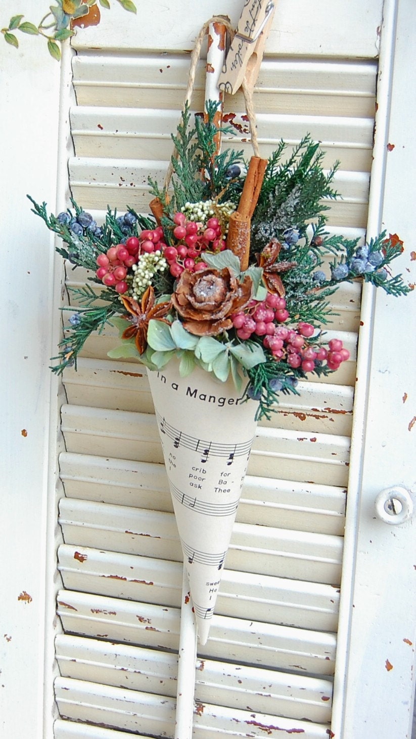 TWO - Christmas Dried Flowers / Holiday Winter Decor / Sheet Music with Dried Flowers