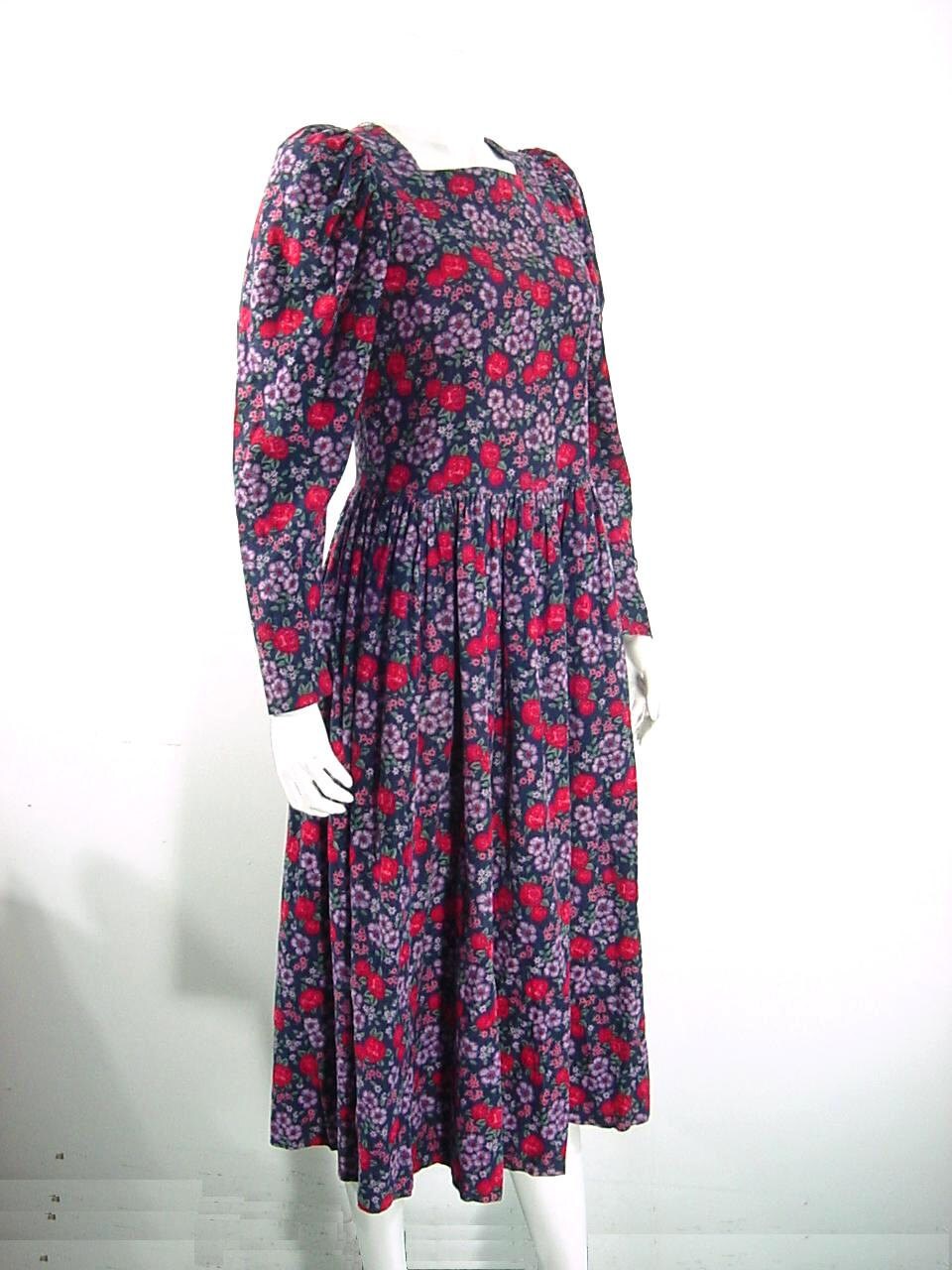 1980s Vintage Laura Ashley Floral Corduroy Dress UK 10 US