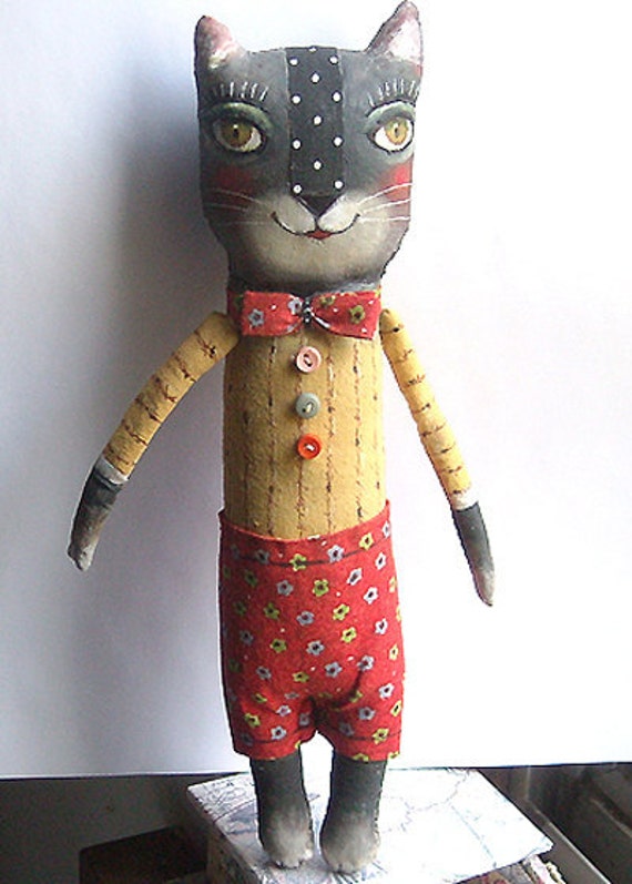 Original art doll folk art Black Cat  boy with red pants