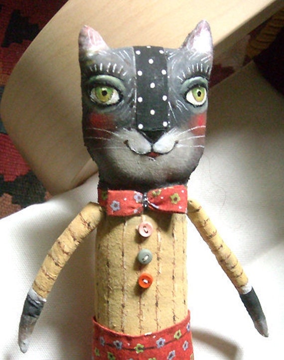 Original art doll folk art Black Cat boy with red pants whimsical OOAK from miliaart