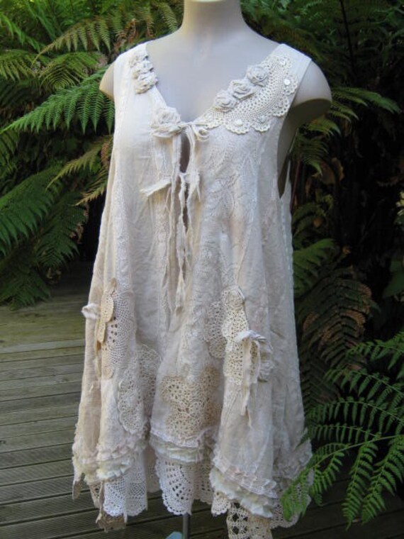 VINTAGE KITTY.. TUNIC VEST NATURAL LINEN SHABBY CHIC
