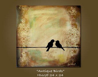 custom antique birds art painting - 24 x 24, heavy textured acrylic on canvas, ORIGINAL, Contemporary earthy birds on wire