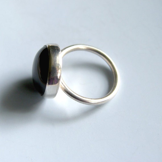 Black Onyx Ring Sterling Silver Bezel Set Stone Cocktail Ring