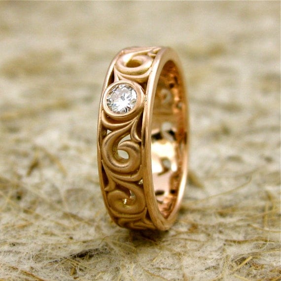 Diamond Scroll Wedding Ring in 14K Rose Gold with Matte Finish