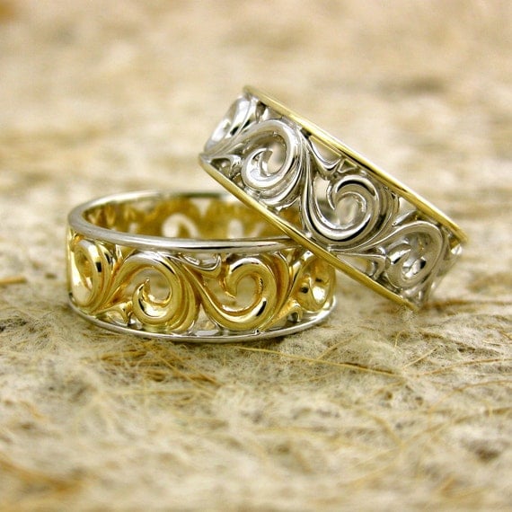 Hand Assembled Pair of Swirly Wedding Rings in Two Toned 14K White and ...