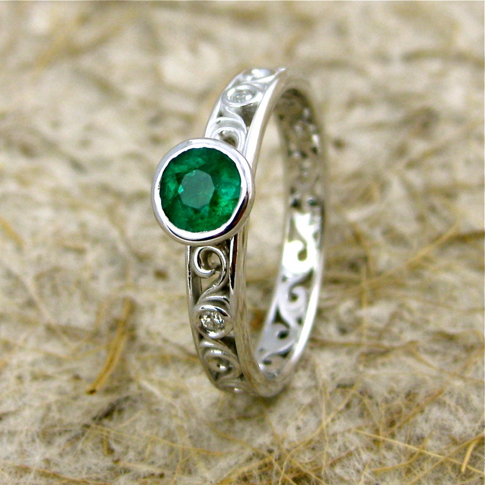 Dark Green Emerald Engagement Ring in 14K White Gold with