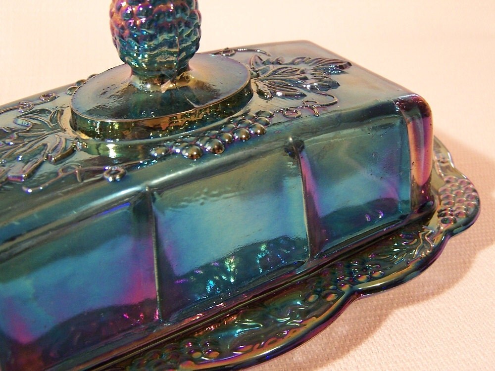 Blue Carnival Glass Harvest Covered Butter Dish
