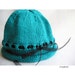 Hand Knit Baby Hat, Photo Prop, Turquoise Cotton Black Ribbon, Size 12-24 mos.