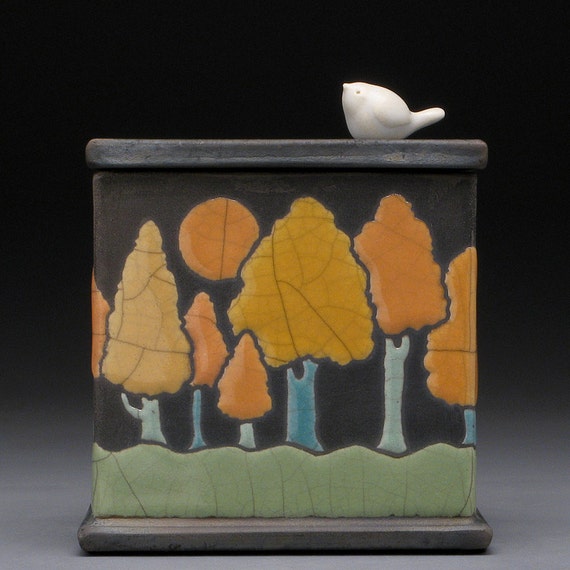 Ceramic box Trees bird handmade raku fired yellow