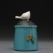 Ceramic jar with bird, Turquoise, raku fired art pottery,handmade