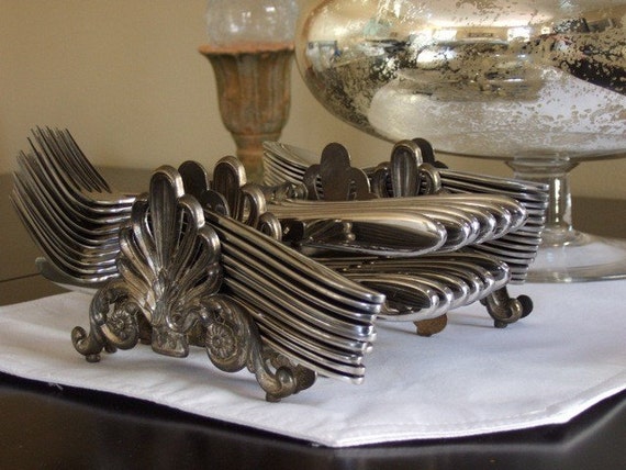 Vintage Silver Plated Flatware Holder Set For Buffet Table Vintage Silver Plated Flatware Holder Set For Buffet Table