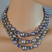 Vintage 3 Strand Gun Metal Gray and Royal Blue Beads Beaded Choker Necklace Signed Japan