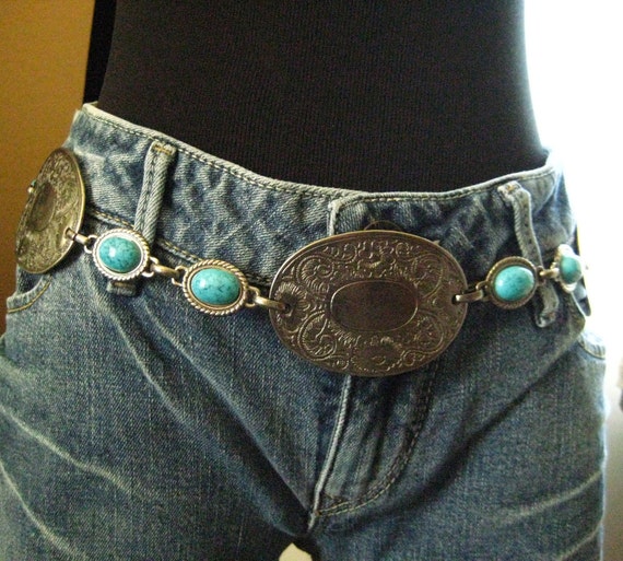 Vintage Faux Turquoise Concho Chain Western Cowgirl Bling Hip