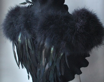 Bolero, Shrug Felted, SWAN LAKE, Goth Bridal, Feathers Wings, Black Felt Merino and Silk, Roses Corsage / Brooch, Marabou Sleeves30% Off