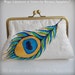 PEACOCK Leather Clutch, Purse, Bag, 50% OFF Genuine Italian Lambskin, Feather Hand Painted, Hand woven Dupioni Silk Lined by TianaCHE