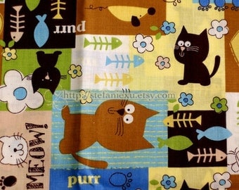Zoology Collection, Kawaii Cat, Fish and Flowers-Cotton Fabric (1/2 Meter)