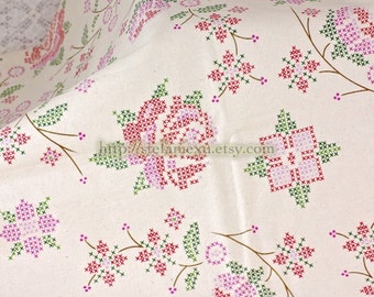 Cross Stitched Style Rose Floral Garden - Retro Unbleached Cotton Fabric (Fat Quarter)