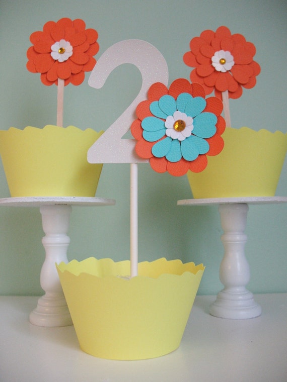12 Betties Cupcake Toppers and No. 2 Cupcake Topper Set - Orange Il_570xn