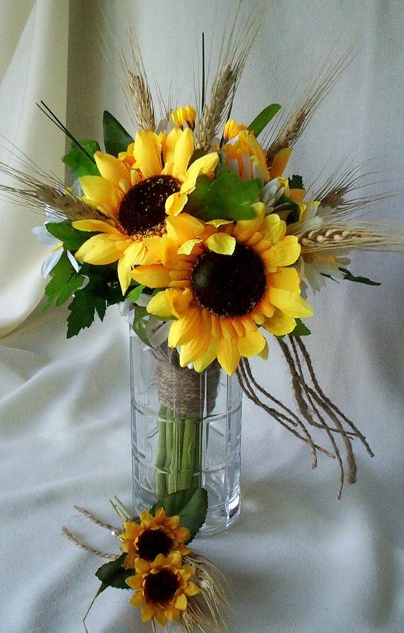 sunflower bouquet country bridal twine daisies sunflowers wheat fall flower flowers wrap simple silk weddings boutonniere arrangement vases rustic mesa