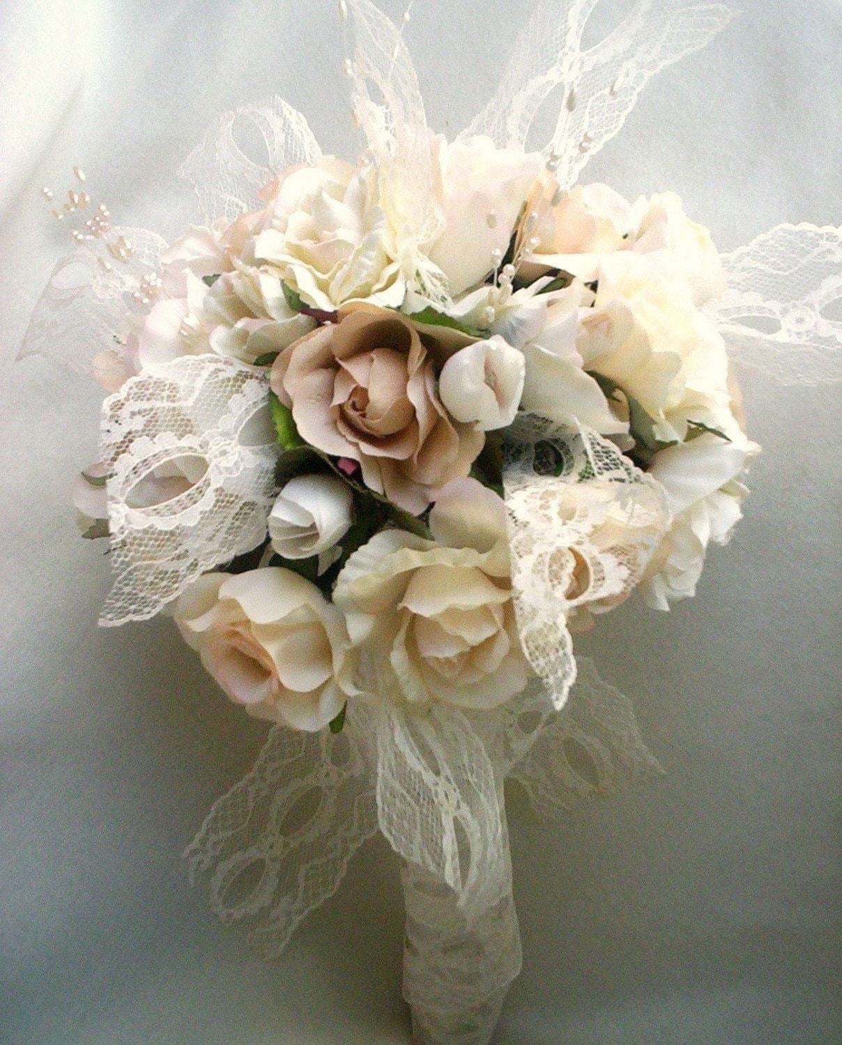 Vintage Bouquet Shabby Chic Wedding Ivory Lace Pearls Ready 6894