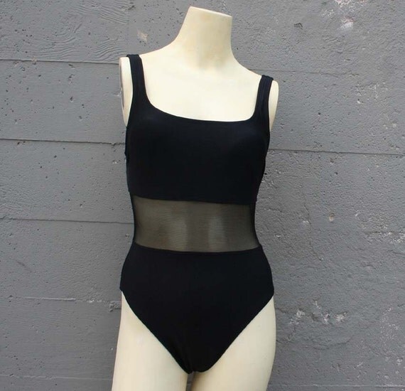1980s SWIMSUIT / Black with Sheer Mesh by luckyvintageseattle