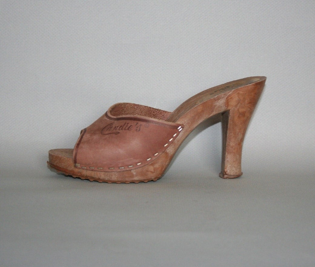 70s CANDIES SANDALS / Mocha Leather Peep Toe Heels 7