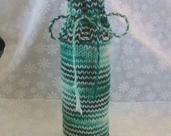Hand Knit Wine Bottle Cozy Bag - Shades of Green