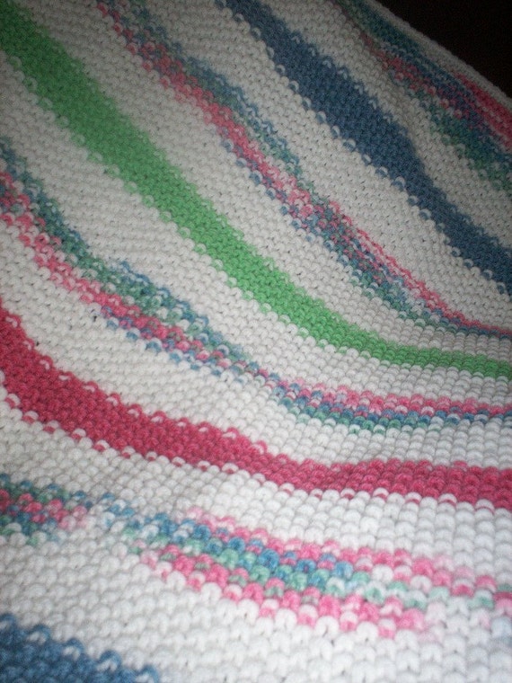 Knit Seed Stitch Striped Baby Blanket With Crocheted Edging