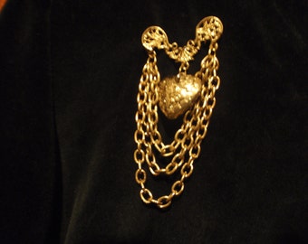 Vintage Brooch Valentine Ornate Chunky Heart With Chains for Young Women