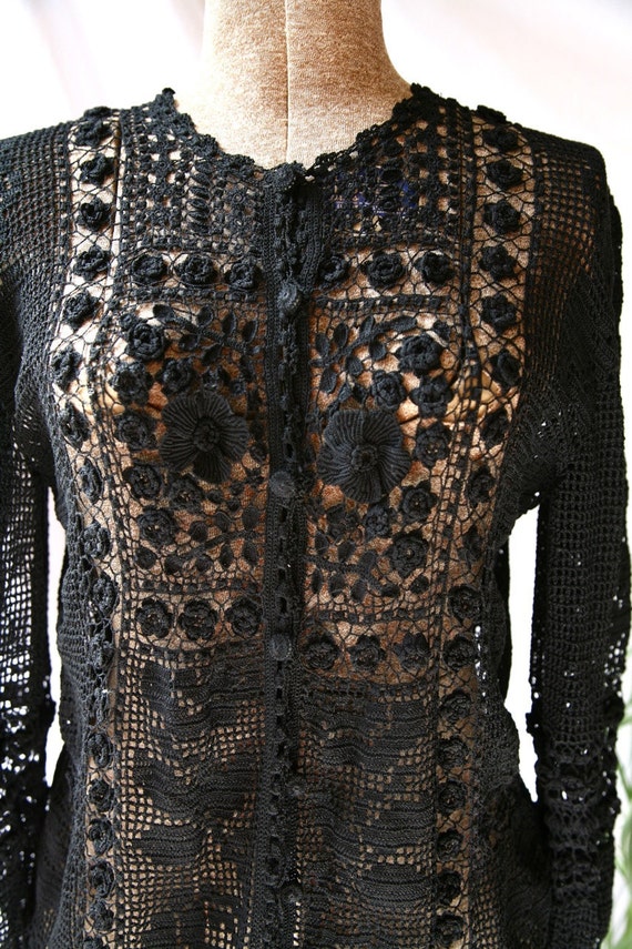 Vintage Cardigan . Black Lace Crochet Victorian Gothic