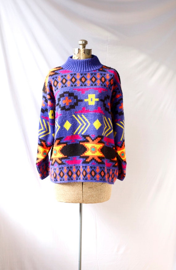 Vintage 1980's Tribal Sweater Geometric Knit Purple Magic