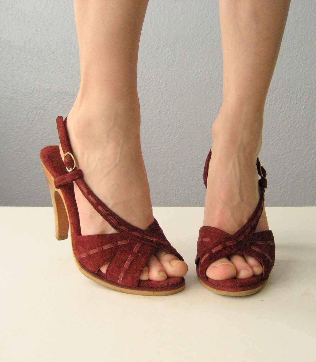 cranberry suede and wood stacked heels size 6 1/2