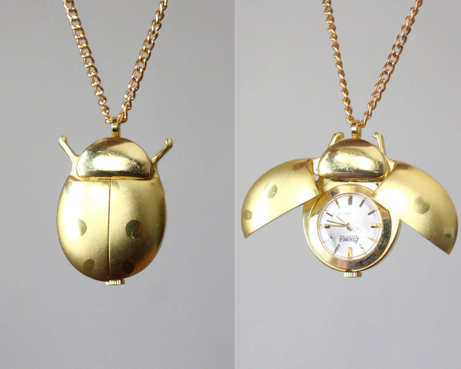 ladybug watch necklace vintage 1960's goldtone cicada