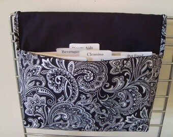 40% Off Coupon Organizer / Budget Organizer Holder- Attaches to your Shopping Cart- Black and White Paisley