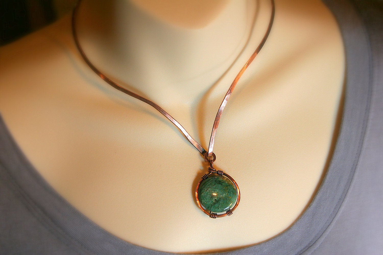 Hammered Copper Torque Necklace with Wire Wrapped Kyanite
