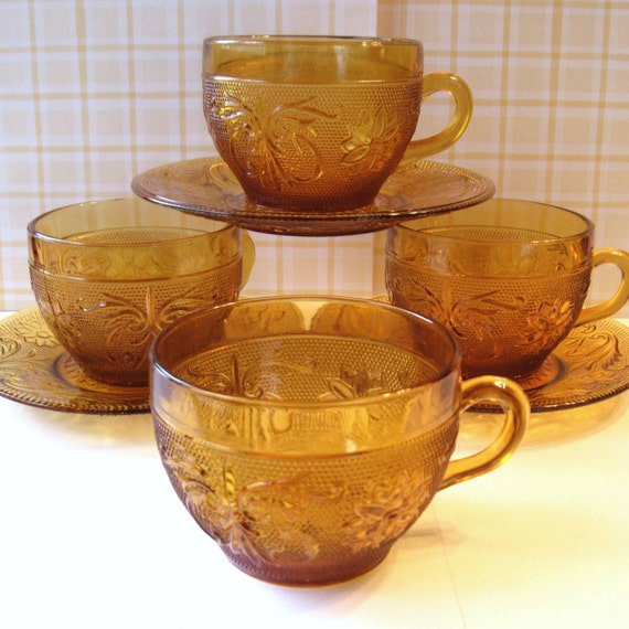 Tiara Glass Teacups and Saucers Pressed by OldMothersCupboard