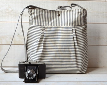WATER PROOF Diaper bag Gray and Ecru French Ticking stripe Pleated French Messenger - 12 Pockets