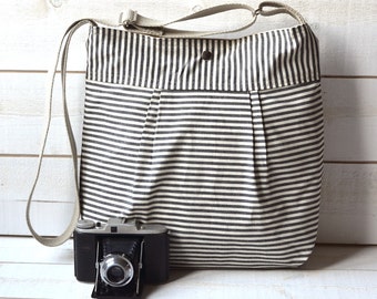 WATER PROOF Diaper bag Black and Ecru French Ticking striped Pleated French Messenger / 10 pockets / Made to order