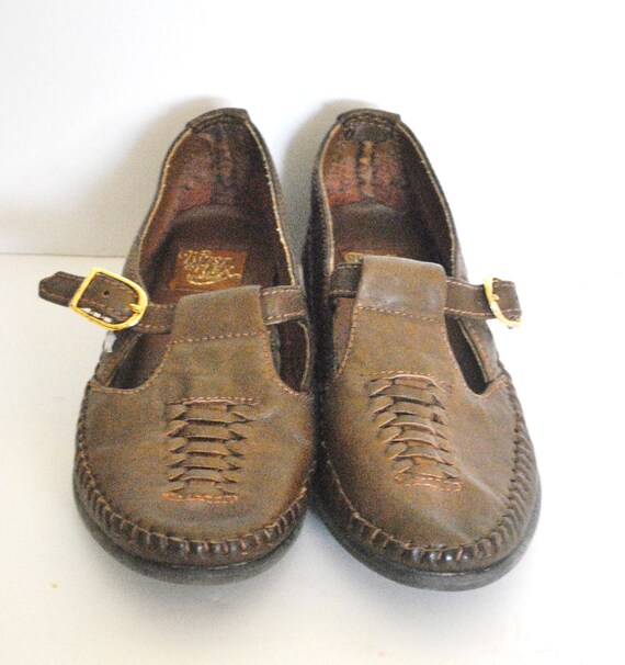 Vintage T Strap Moccasins/ Brown Leather Flats with Buckle/