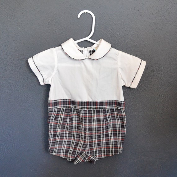 Vintage Baby Boy Plaid Romper with Red Velvet Vest / size 69