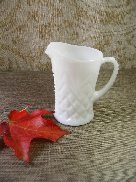 Vintage Milk Glass Small Pitcher / Creamer with Ornate Diamond