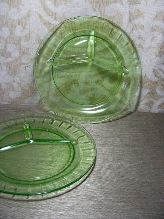 Vintage Green Glass Plate Set of 2 Divided Dinner