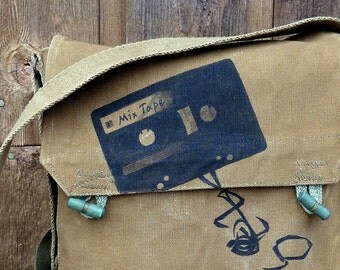 Mixed Tape Vintage Czech Military Canvas Messenger Bag Satchel - Hand Painted