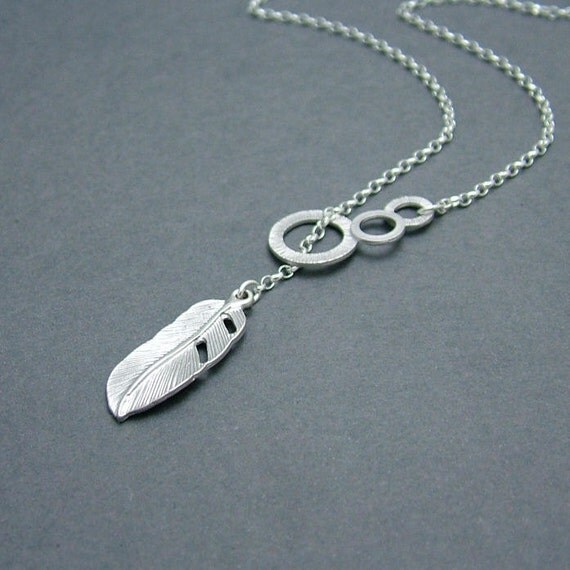 Silver Circle and Feather Lariat Necklace Sterling Silver