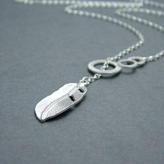 Silver Circle and Feather Lariat Necklace Sterling Silver
